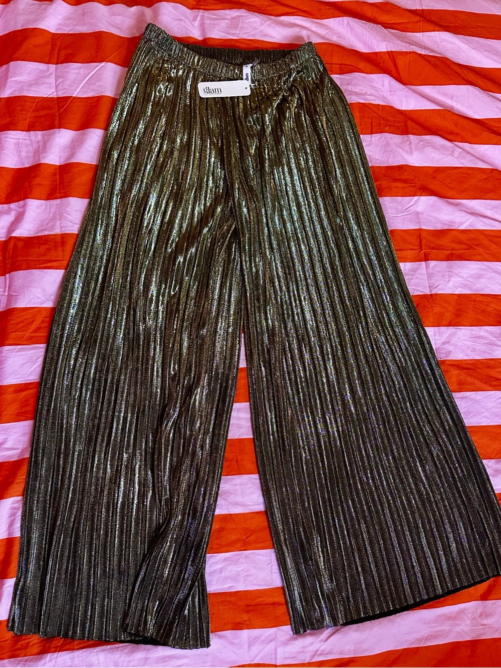 Girls Metallic Pleated Wide-Leg Pants - Shimmery Olive
